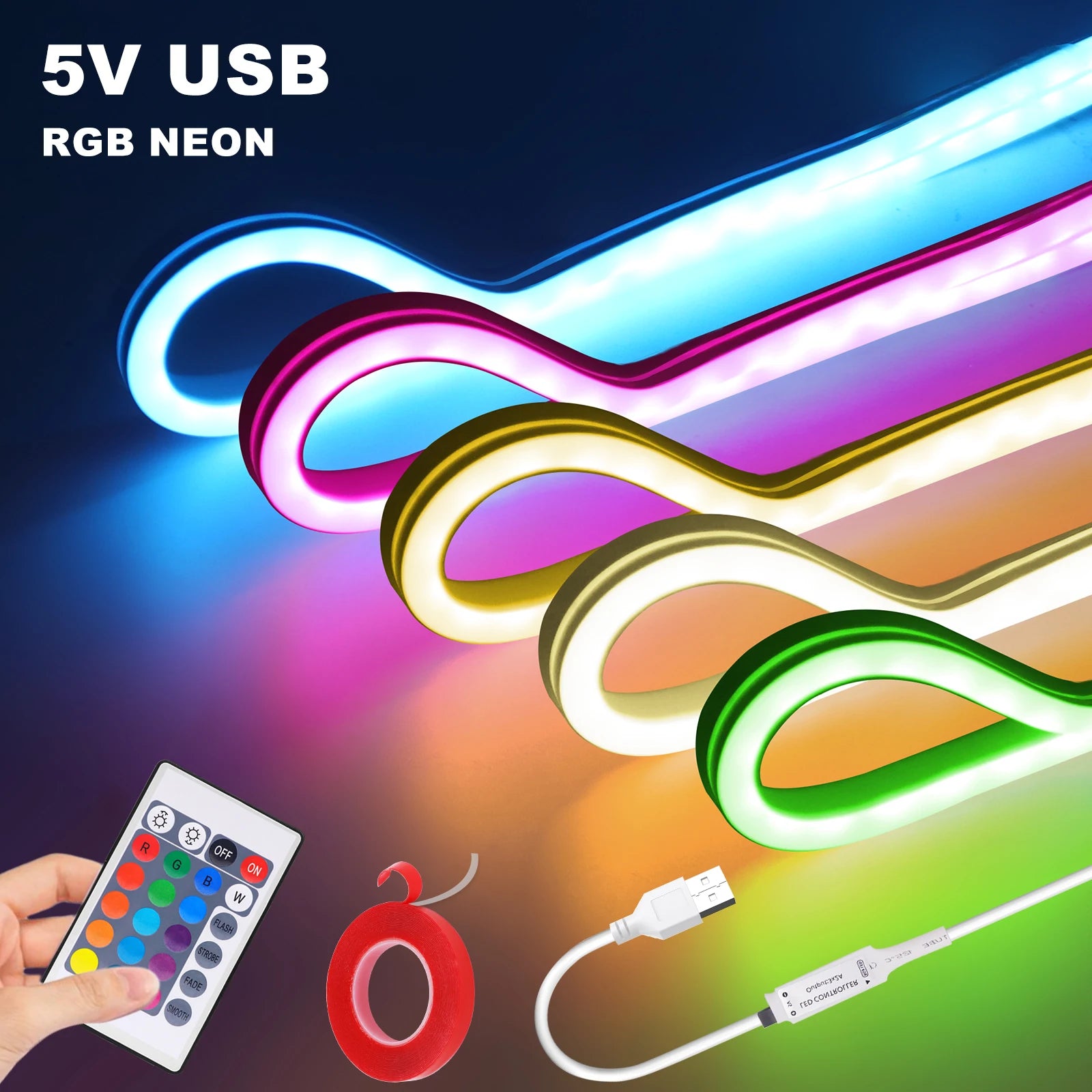 5V RGB Neon Strip Light 1M 2M 3M 5M USB Waterproof Flexible Ribbon Adhesive Tape Neon Lights With Remote Control For Home Decor