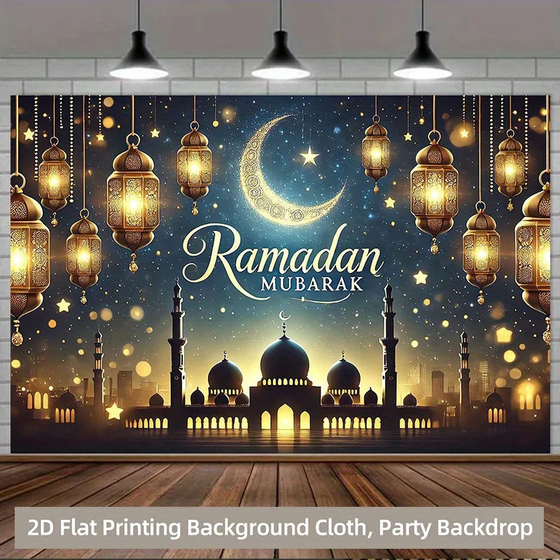 One 2D background cloth, Islamic Ramadan blessing light night scene background cloth, multi-functional polyester background