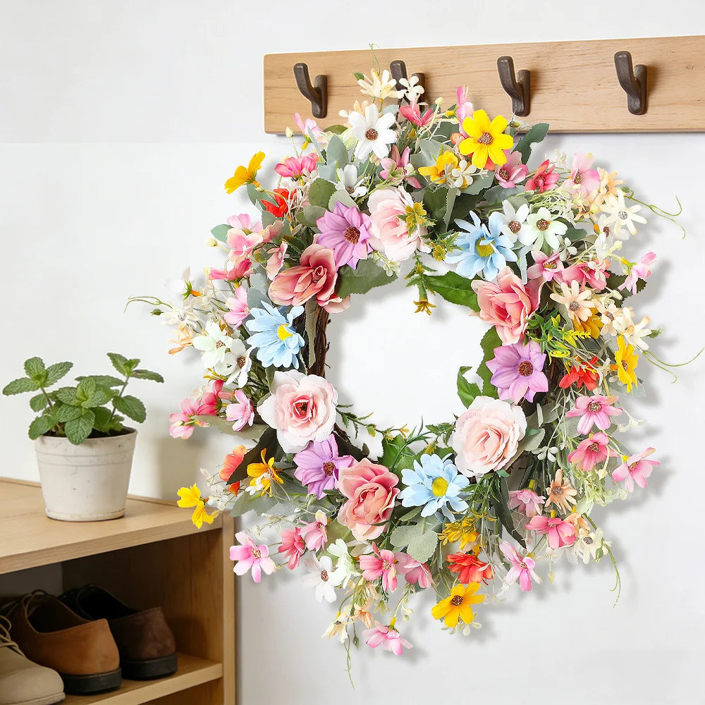 YeeNanee Vibrant Wild Flowers Spring Wreaths for Front Door Artificial Daisy Tulip Lambs Ear Summer Wreath Home Wall Decoration