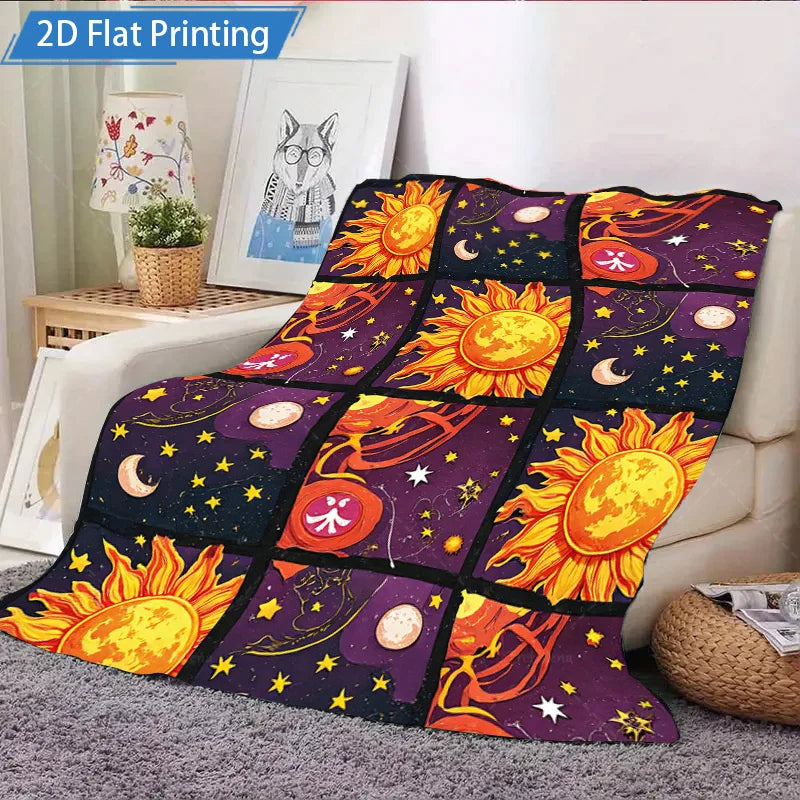 1pc Flannel Blanket Cosmic Sun Moon Stars Printed Fleece Blanket for Cozy Living Room or Bedroom Decor