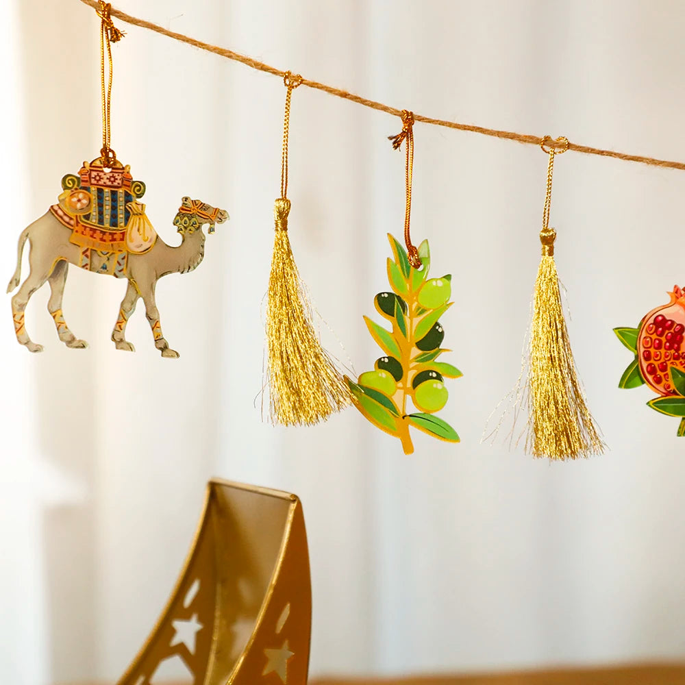 Ramadan Kareem Hanging Garland Islamic Camel Pomegranate Palm Moon Star Decor for Muslim Festival Home Party Wall Ornament Gifts