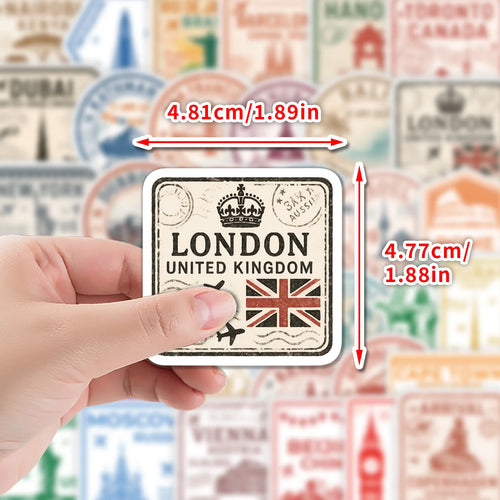 10/50PCS New Passport Stamp Graffiti Stickers Famous Buildings Travel City Cartoon Decal Laptop Phone Cup Car Classic Kid Toys