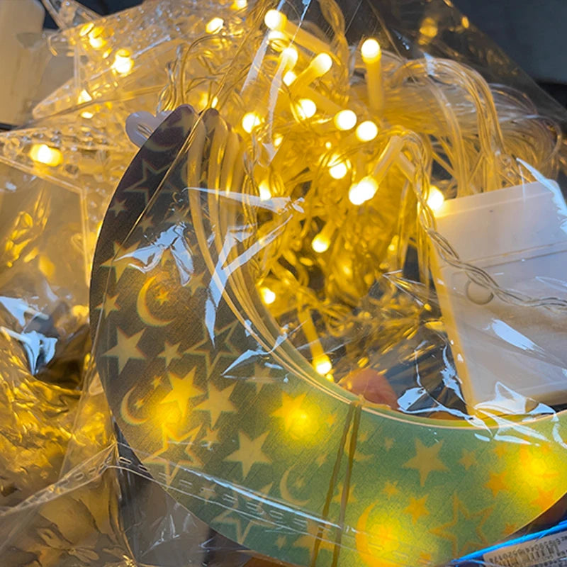2026 Eid Al-Fitr Mubarak LED String Lights Moon Stars Curtain String Lights Islamic Ramadan Kareem Decoration for Home Garden