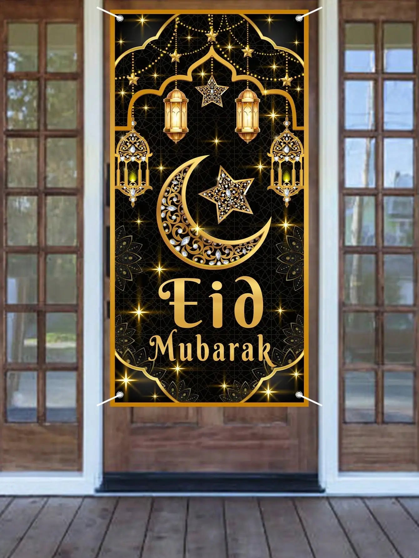 1 Piece Eid Mubarak Door Curtain Black Gold Star and Moon Lantern Decoration Hanging Curtain Islamic Style Festival Door Decoration Hanging Cloth