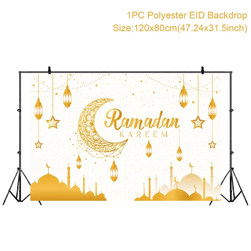 Ramadan Kareem Backdrop Photo Booth Background With Moon Star Castle Pattern Eid Mubarak Background for Backyard Al-fitr Gift