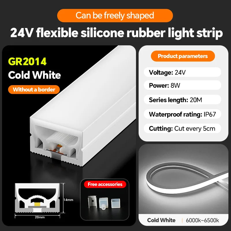 LED silicone light strip, linear light strip, embedded, 24V, waterproof, flexible, curved shape light