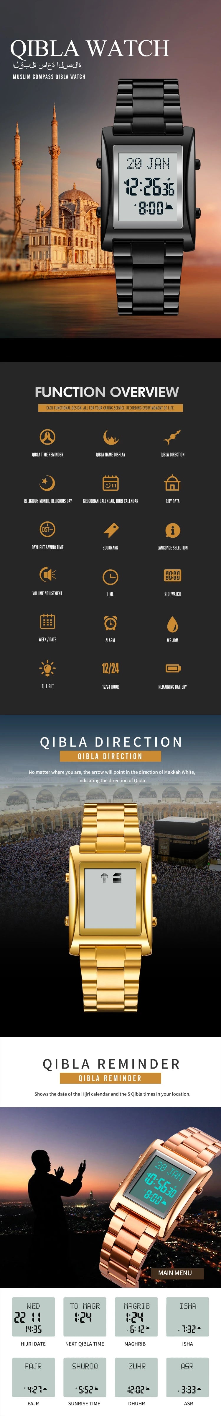 Azan Watch for Muslim Prayer with Qibla Compass Islam Al-Harameen Fajr Time Clock Include Hijri Calendar