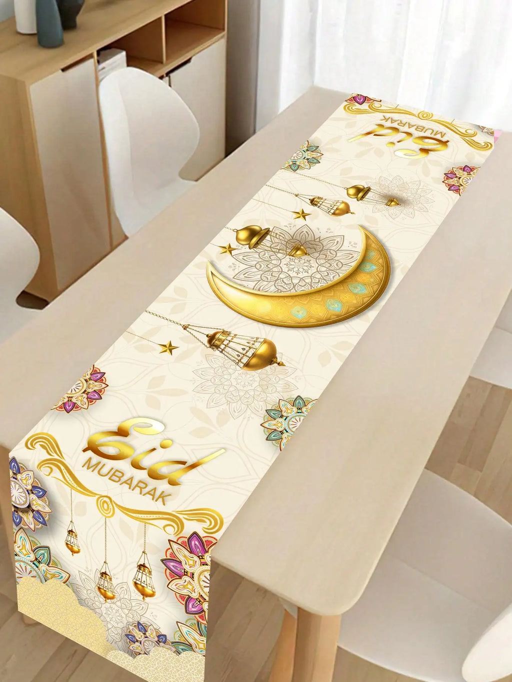 1Pc Eid Mubarak Decorative Table Runner, Gold Painted Star and Moon Table Runner, Muslim Holiday Party Table Runner, Long Tablecloth