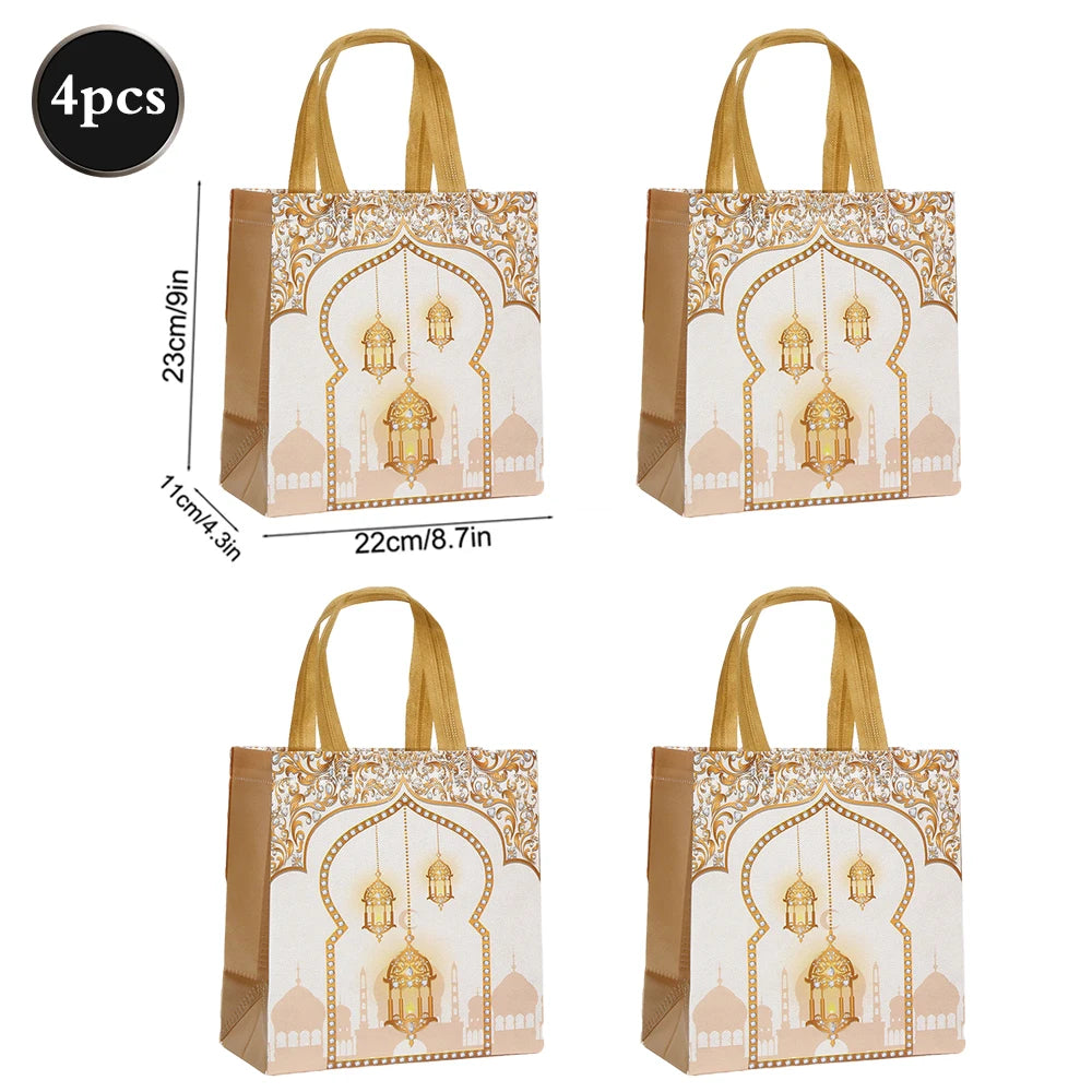 Eid Mubarak Non-Woven Gift Bags with Handles Ramadan Kareem Party Favor Bags for Treats Dates Mosque Pattern Colorful Goodie Bag