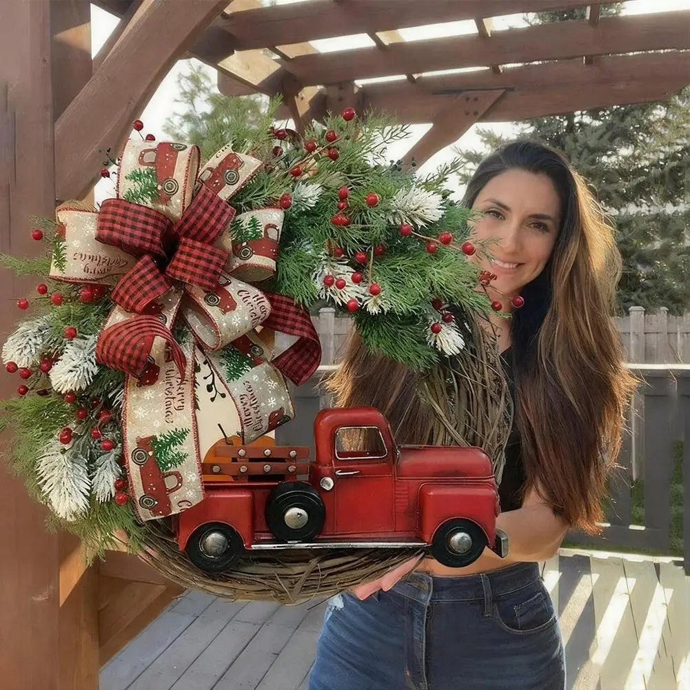 1pcs Farmhouse Christmas Wreath 35x43cm Red Truck Straw Decor Door Hanger For Home Indoor Outdoor Holiday Christmas Decoration