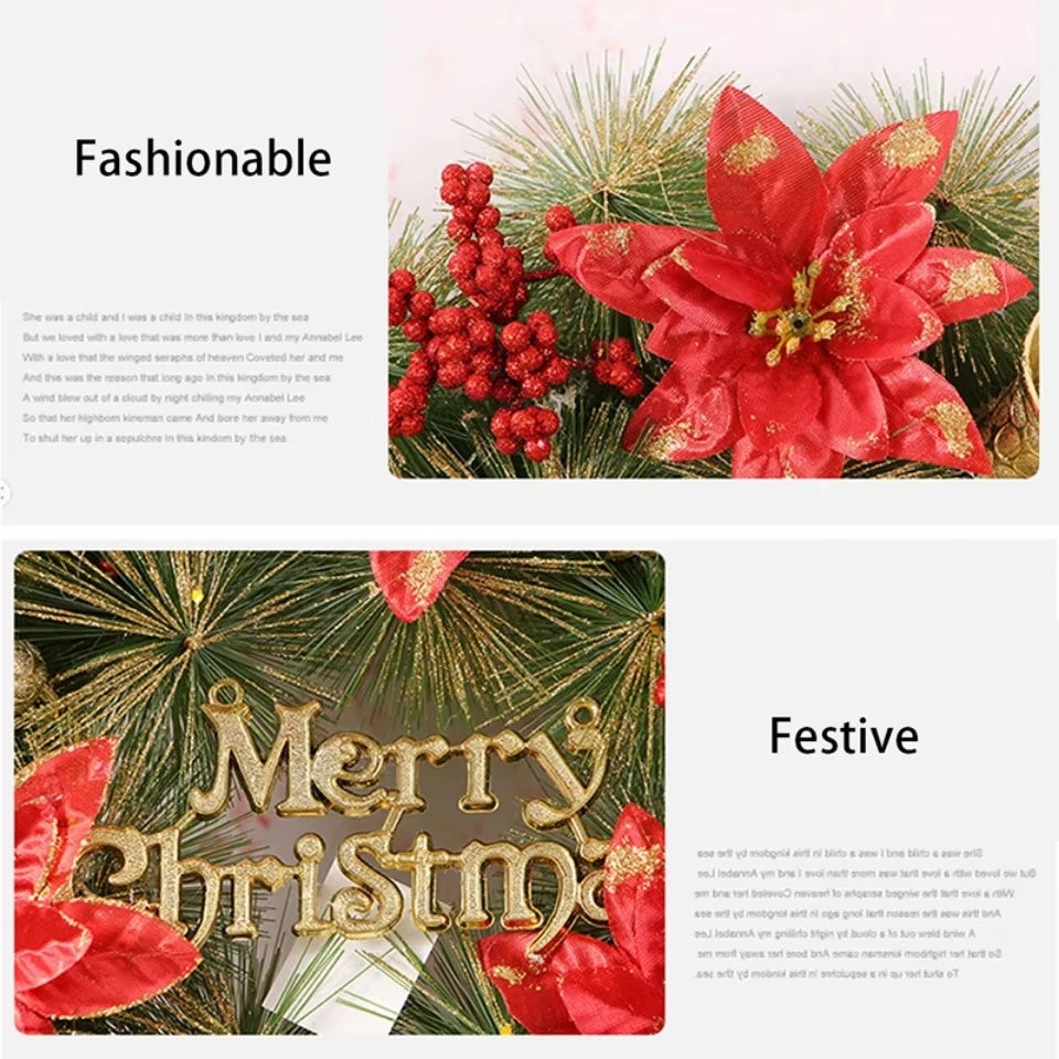 Artificial Merry Christmas Wreath with Bow Christmas Door Hanging Rattan Ornament Garland Christmas Suitable for Home Decoration