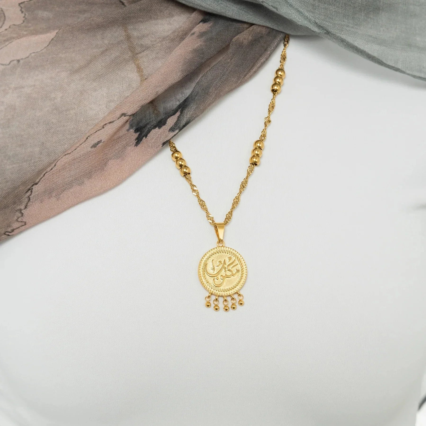 "Maktub" Vintage Coin Necklace Circle Chain Pendant Gold Beads Women's Choker Islamic Jewelry Eid Gift for Mom Women Gifts