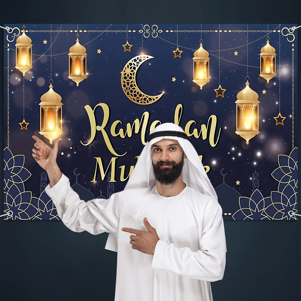 1pc Ramadan Mubarak Banner Blue polyester Eid al-Fitr indoor/outdoor decoration, festival hanging for family gatherings