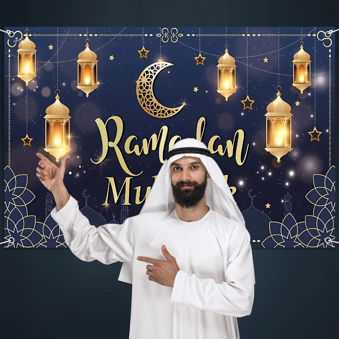 1pc Ramadan Mubarak Banner Blue polyester Eid al-Fitr indoor/outdoor decoration, festival hanging for family gatherings