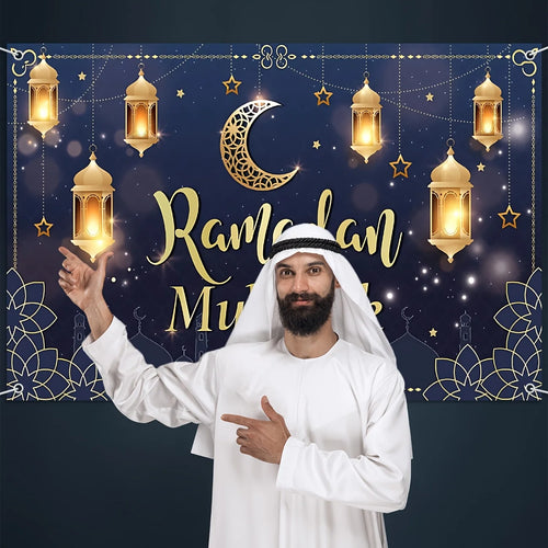 1pc Ramadan Mubarak Banner Blue polyester Eid al-Fitr indoor/outdoor decoration, festival hanging for family gatherings