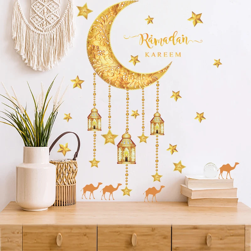 Eid Mubarak Window Sticker 2025 Ramadan Kareem Wall Sticker Muslim Islamic Festival Party Decoration Supplie Electrostatic Decal