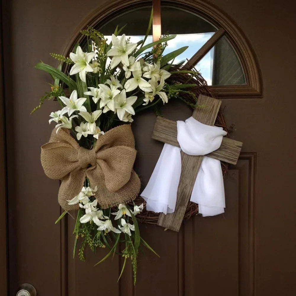 45cm Easter Cross Wreath Easter Wreath Imitation Plant Spring Wreath Door Hanging Decoration Flower Wreath Festival Home Garland