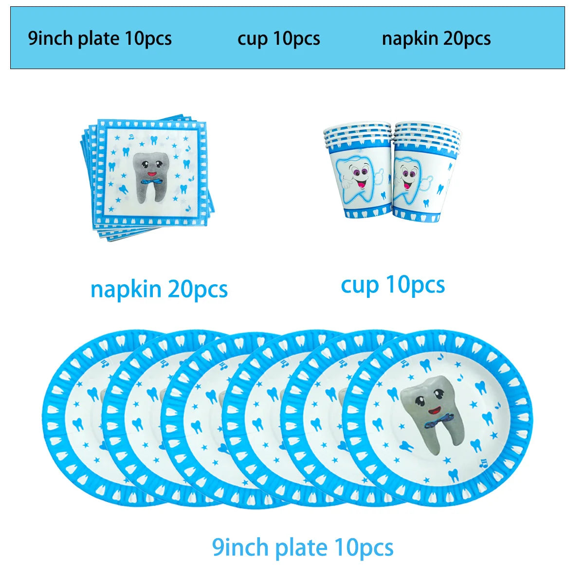 Blue My First Tooth Theme Birthday Party Decorations Disposable Tableware Balloon Banner Cake Toppers Kid Boys Baby Shower Gifts