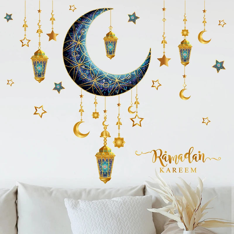 Eid Mubarak Wall Stickers Moon Star Lantern Ramadan Kareem Wall Decals Muslim Islamic Window Sticker Decorations for Home 2024