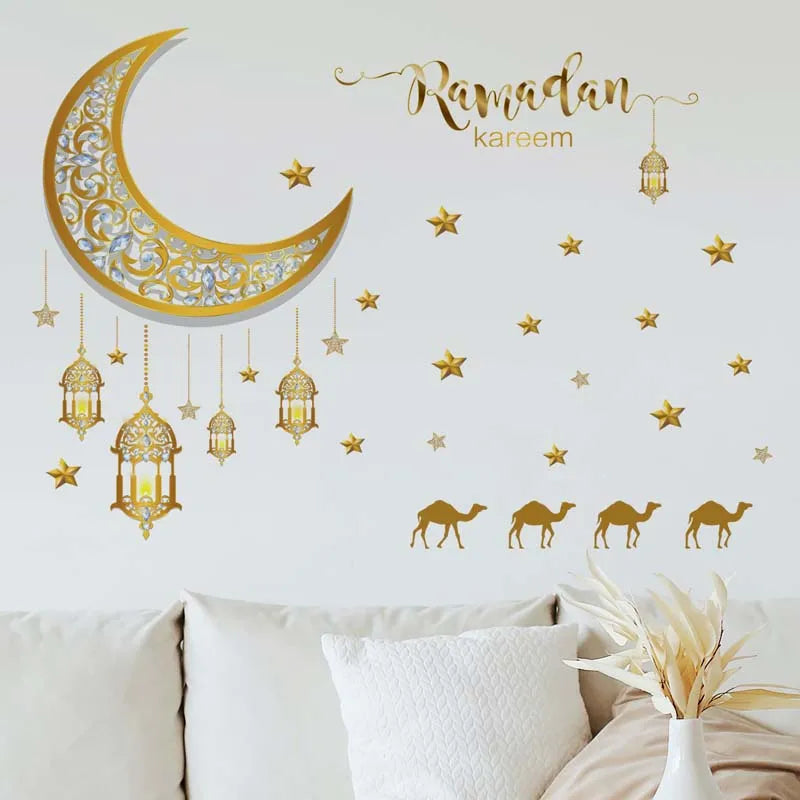 Ramadan Kareem Wall Stickers Moon Star Lantern Wall Decal 2024 Eid Mubarak Decorations for Home Muslim Islamic Party Decorations