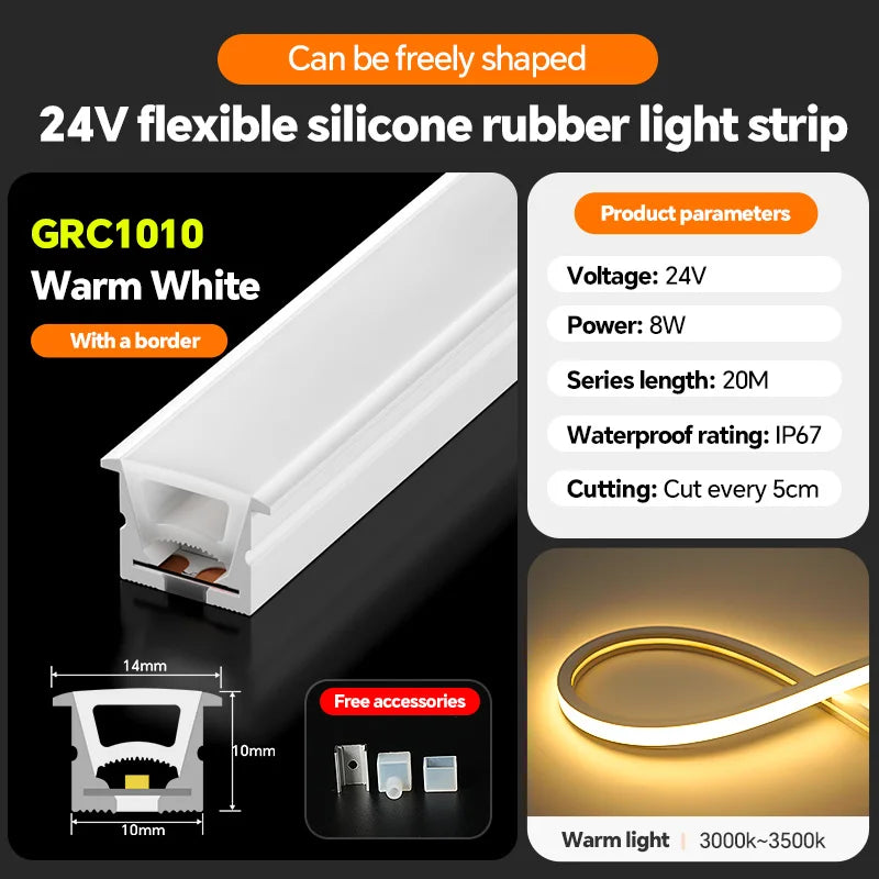 LED silicone light strip, linear light strip, embedded, 24V, waterproof, flexible, curved shape light