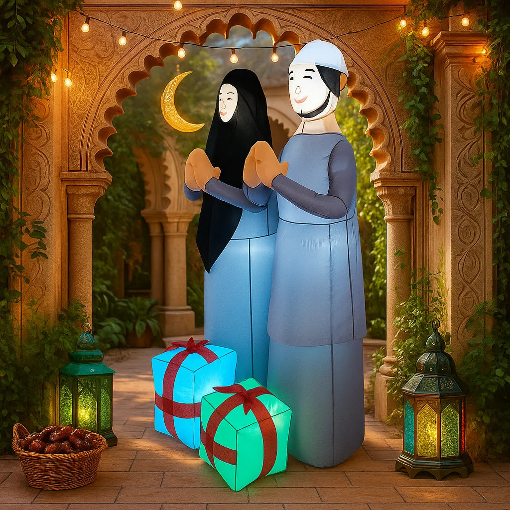 6FT Ramadan Muslim Themed Inflatable Praying Figure Decor Blue Outfit Crescent Lantern Islamic Ramadan Inflatable For Yard