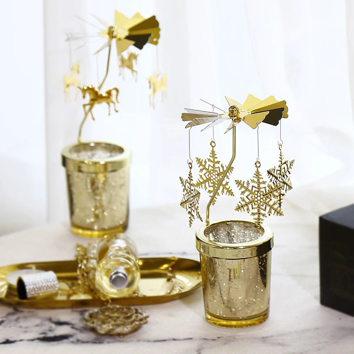 Gold Metal Rotating Tealight Candle Holder for Table Design Candlesticks‌ - Elegant Dining Room Decor, Unique Centerpiece