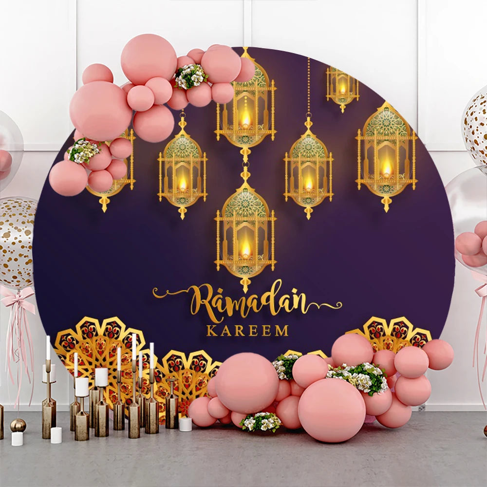 Eid al Fitr Mubarak Round Backdrop Cover Arab Ramadan Karim Golden Moon Star Cloud Lantern Party Decor Banner Photo Stall Props