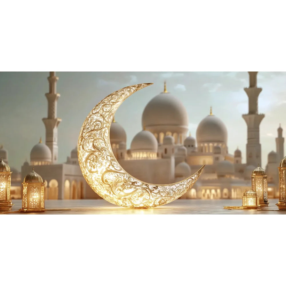 Golden Moon Eid Mubarak 2025 Decor Banner Background Lights Ramadan Kareem Islamic Building Muslim House Party Photo Backdrop