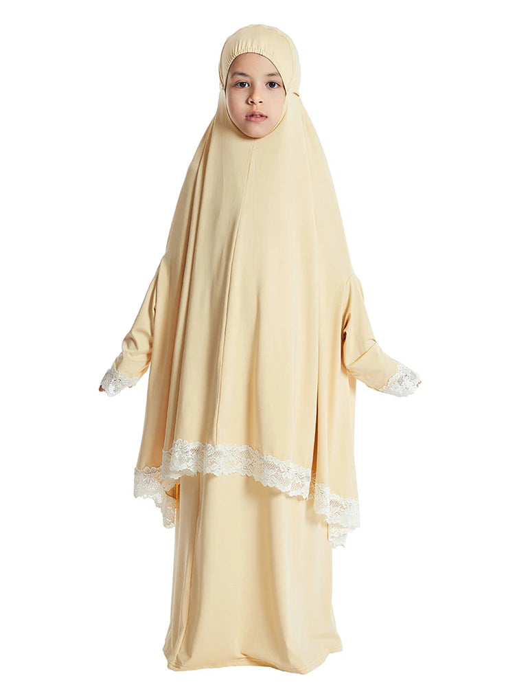 Muslim Kids Girls Hijab Dress Ramadan Khimar Skirt Set Overhead Eid Prayer Garment Burqa Abaya Robe Kaftan Hooded Gown