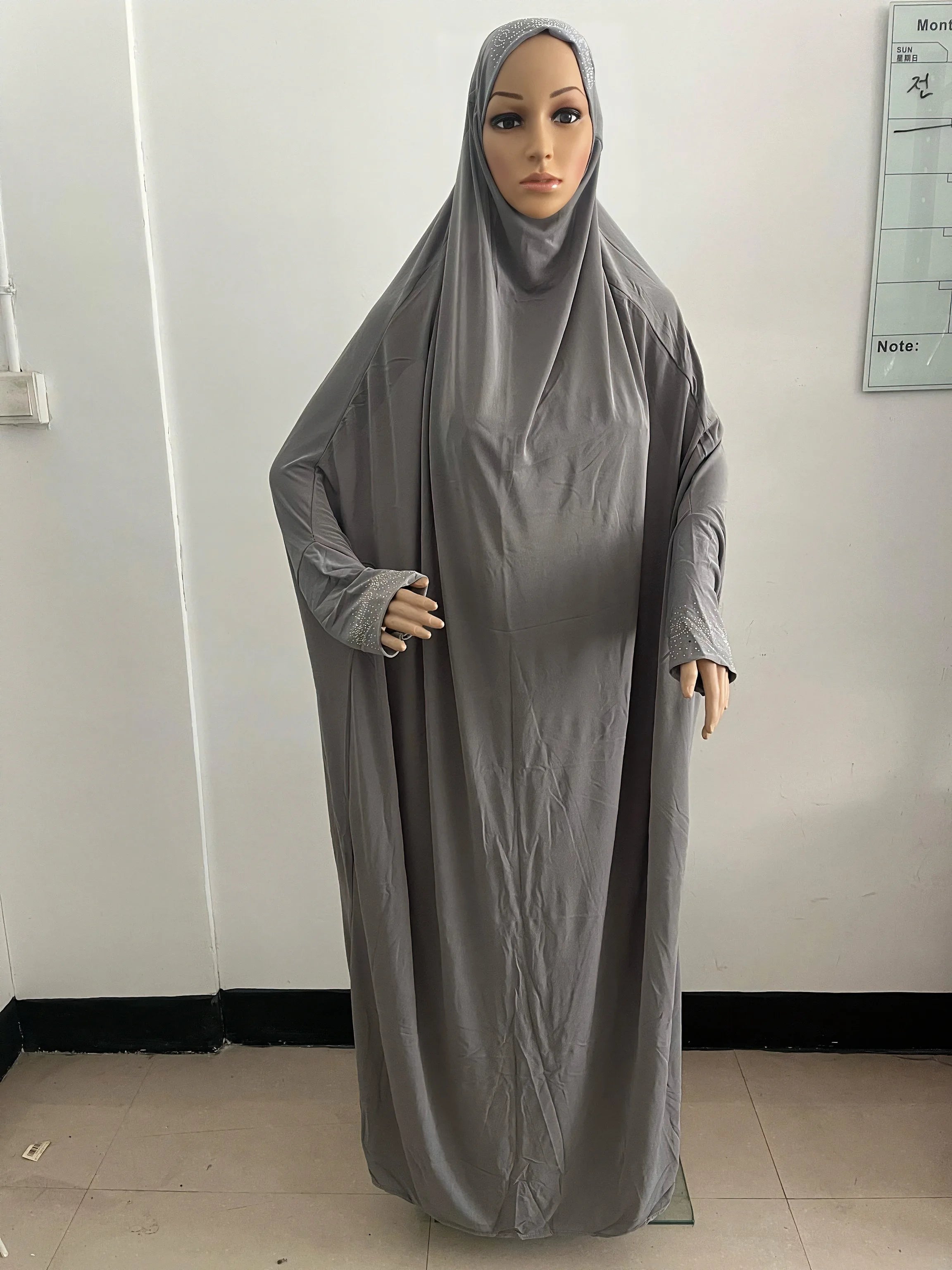 grey muslim dress Eloria V-Neck Embroidered Elegant Abaya Dress 813 Grey, M