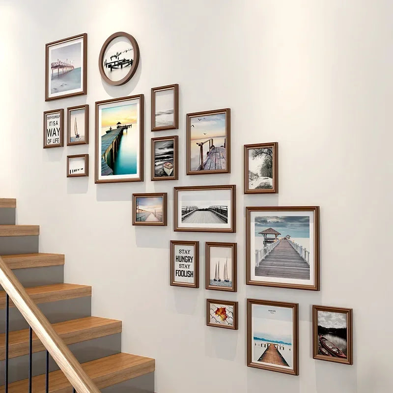 Minimalist Wooden Staircase Photo Wall Frame Set, Nordic Style, Gallery Wall Decor, Hallway Photo Frames and Background