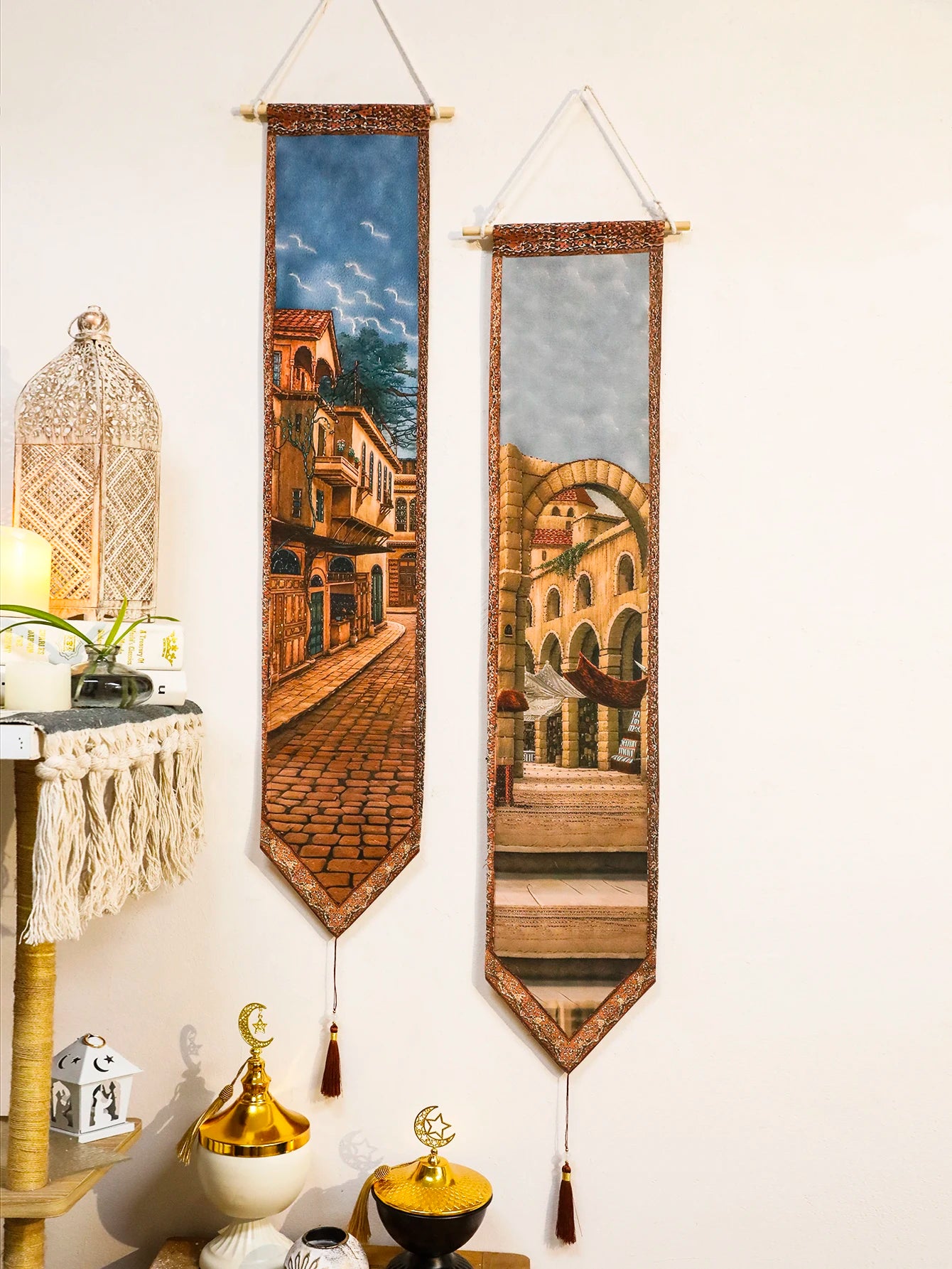 Ramadan Islamic Wall Hanging Tapestry Building Print Banner with Tassel Boho Home Decor for Living Room Bedroom Hanging Art Gift