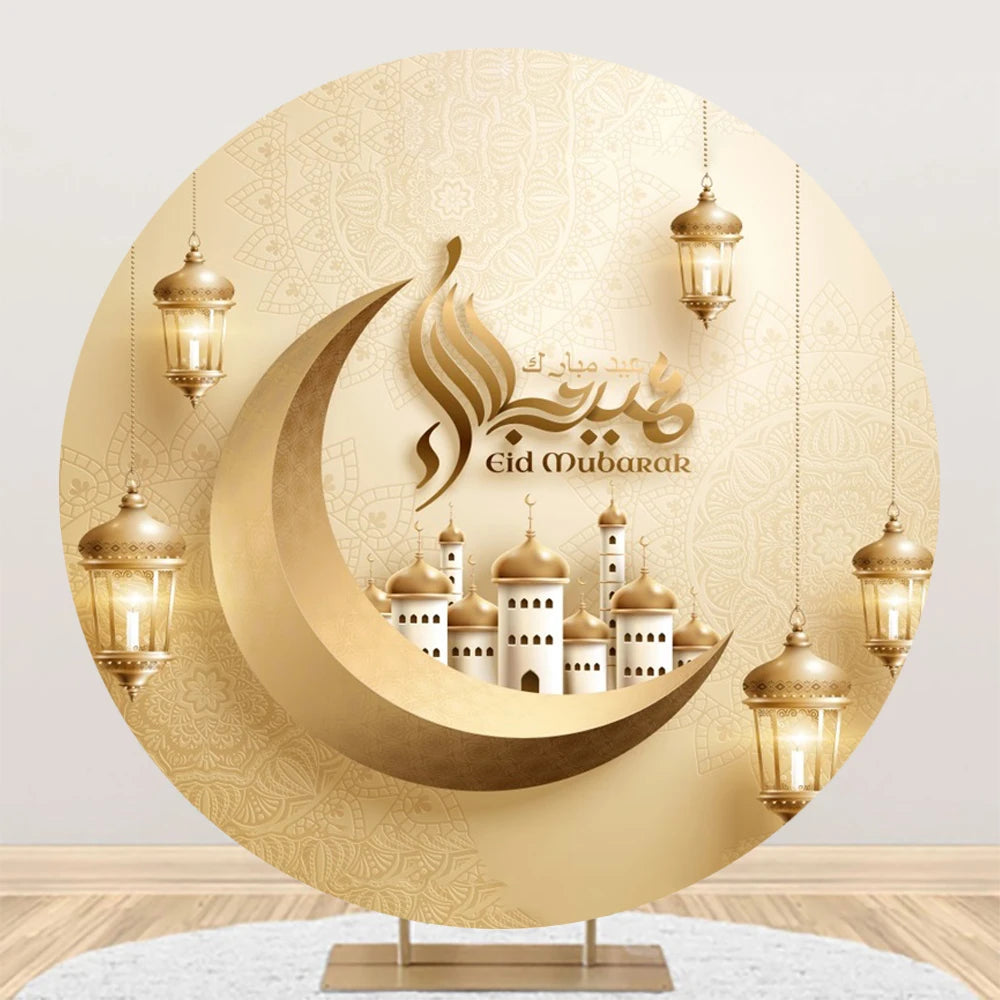 Eid al Fitr Mubarak Round Backdrop Cover Arab Ramadan Karim Golden Moon Star Cloud Lantern Party Decor Banner Photo Stall Props