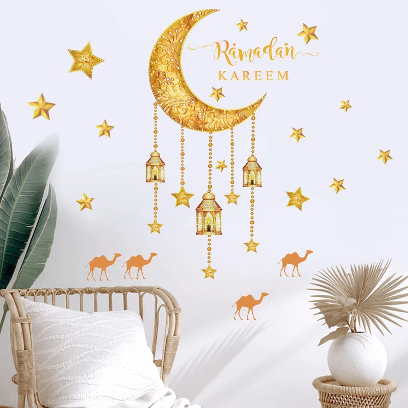 Eid Mubarak Window Sticker 2025 Ramadan Kareem Wall Sticker Muslim Islamic Festival Party Decoration Supplie Electrostatic Decal