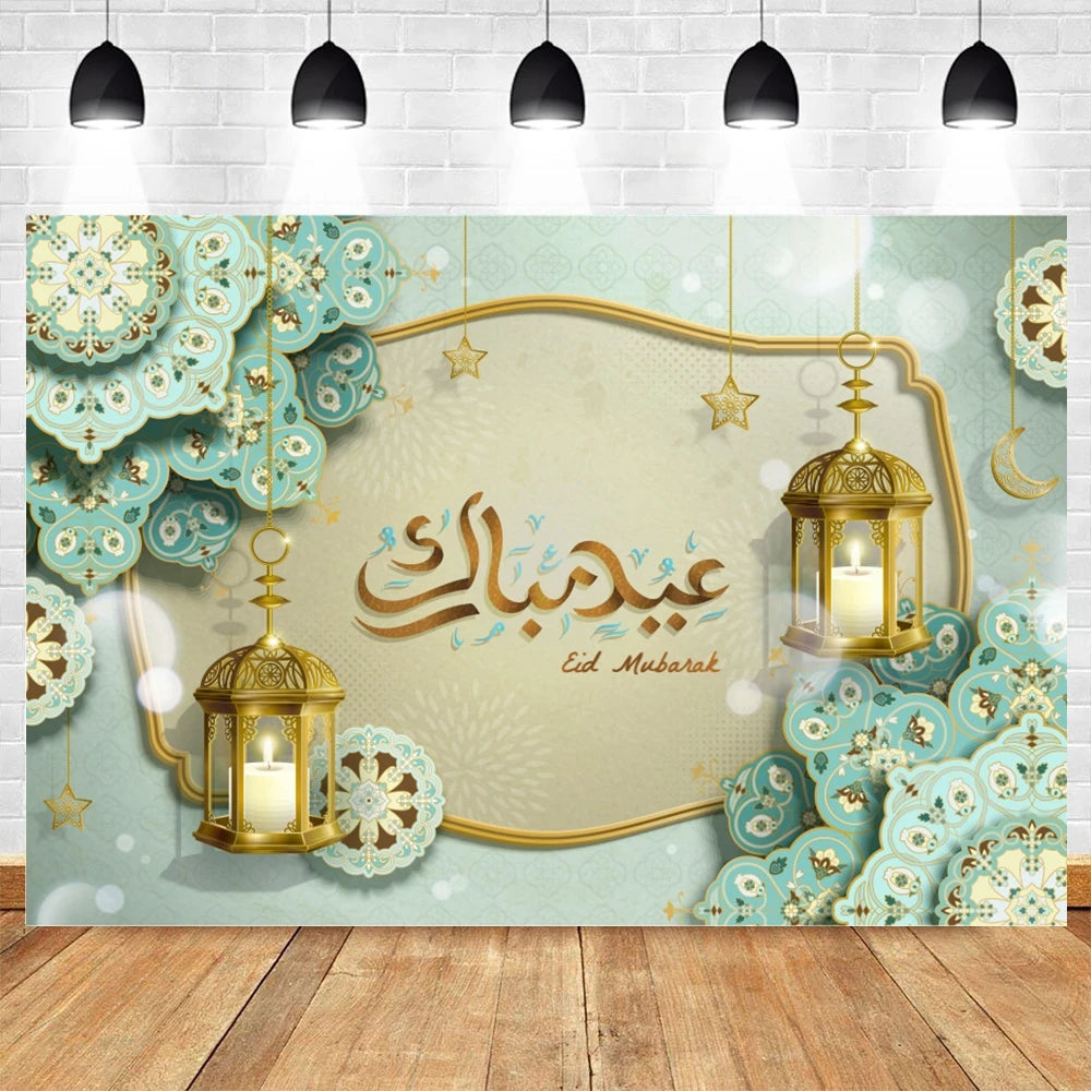 Ramadan Kareem Photography Backdrop EID Mubarak Islamic Mosque Lamps Moon Star White Cloud Photo Background Studio Poster Decor