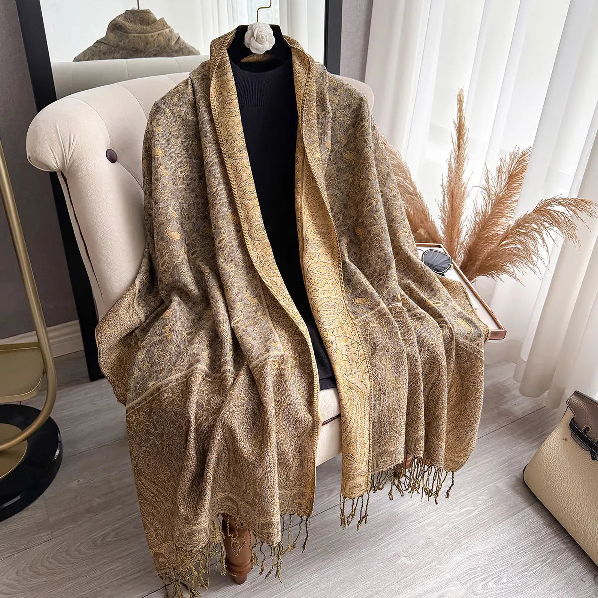 Large Size Pashmina Shawl Tassel Paisley Small flowers Element Scraf Casual Outdoor Wear Muslim Headscarf Elegant Wrap for Women