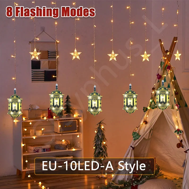 Moon and Star LED Curtain Lights  USB Powered Fairy Lights with 8 Modes and Timer Ramadan Bedroom and Party Decoration