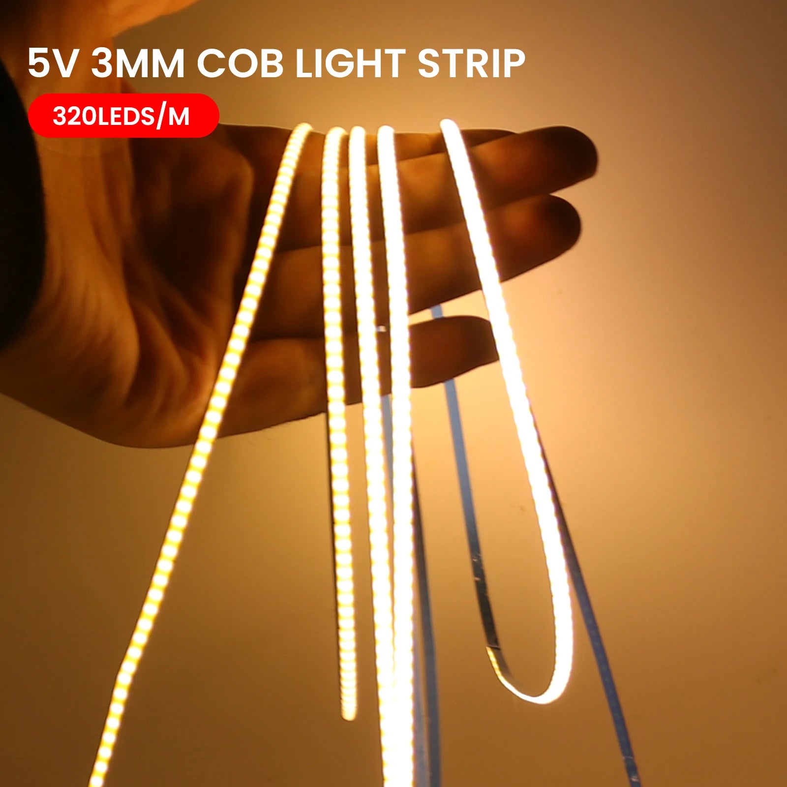 AA Battery Box 5V COB LED Strip 3MM 5MM 8MM 320LEDs/M High Density Flexible RA90 3000K 4000K 6000K FOB Tape Rope Night Lights