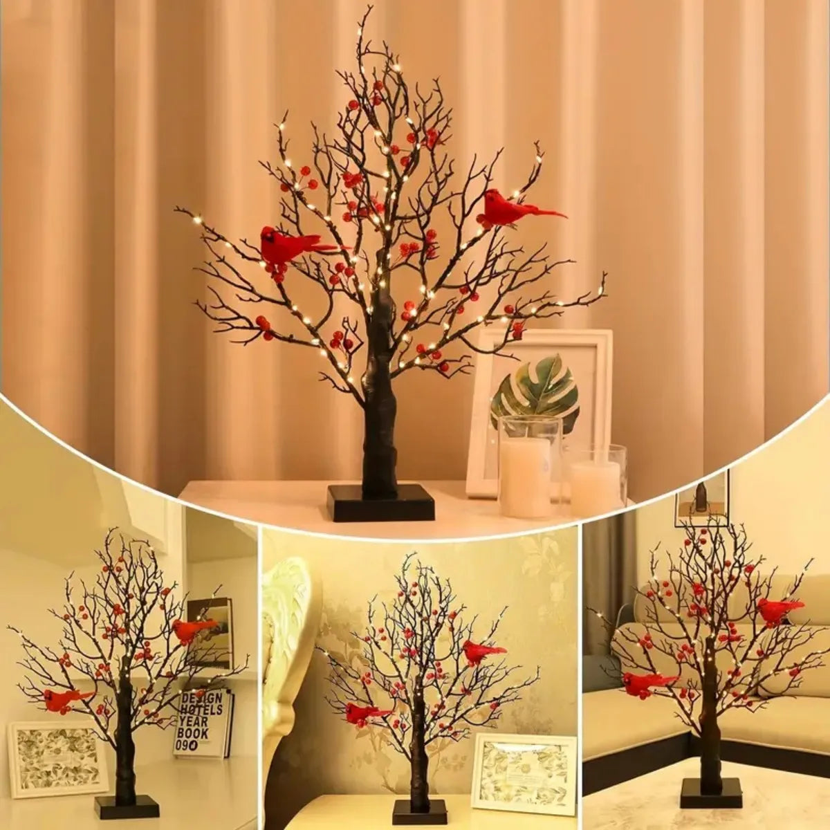 1pc 60 LED Black Artificial Birch Lighting With Red Berry And Bird Parrots Battery Operated Tabletop Mini Artificial Tree Lamp