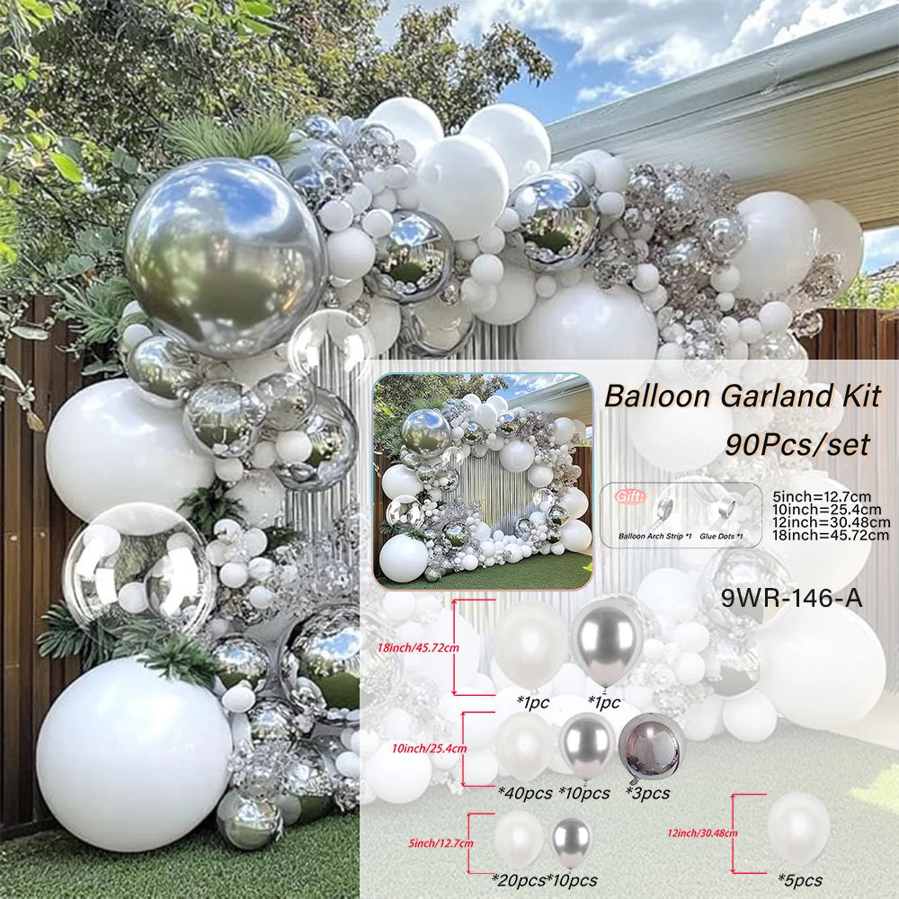 90pcs White Silver Balloon Garland Silver Balloon White Pearl balloon Arch Kit for Baby Shower Birthday Wedding Party Decor