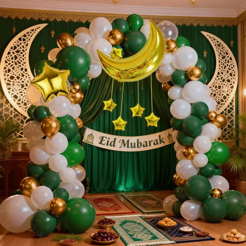 106Pcs Eid Mubarak Balloon Arch Kit, Dark Green Platinum Latex Balloons, with Moon Star Foil Balloon Decorations, for Ramadan Festival Party Decorations Eid Celebration Decorations