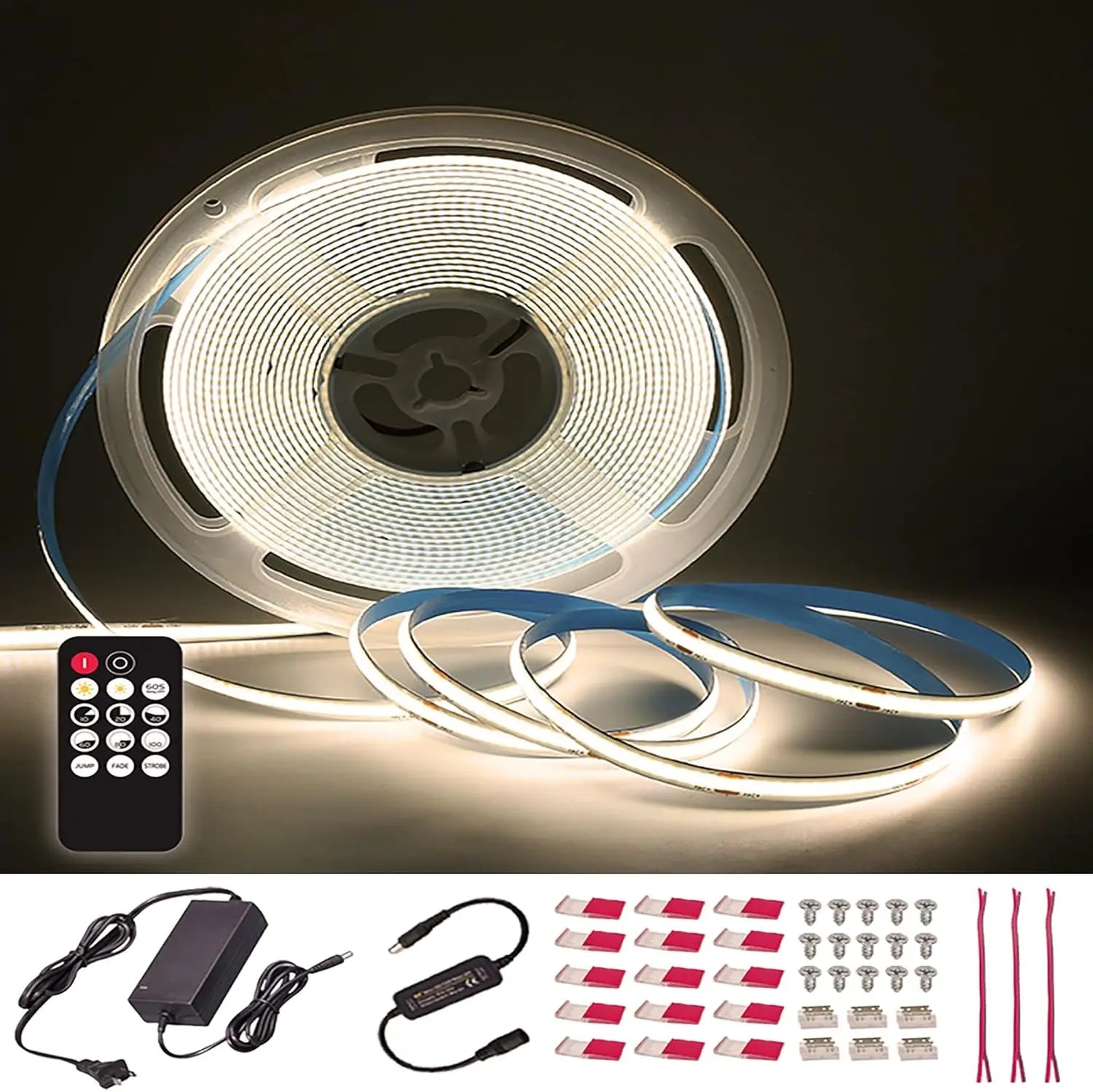 ETL Listed 24V 50ft/15m COB LED Strip Light 3000K/4000K/6500K Dimmable with RF Remote for Bedroom Cabinet(Power Supply Included)