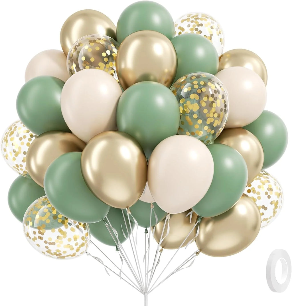 60Pcs Sage green Sand White Metallic Gold Confetti Balloons for Boho Birthday Wedding Bridal Baby Shower Engagement Party Decor