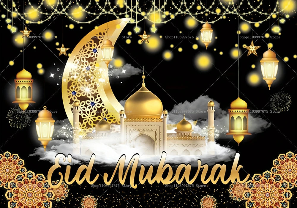2D Ramadan Golden Crescent Moon Backdrops Eid Mubarak Party Decor Photography Background Banner Studio Photo Booth Props