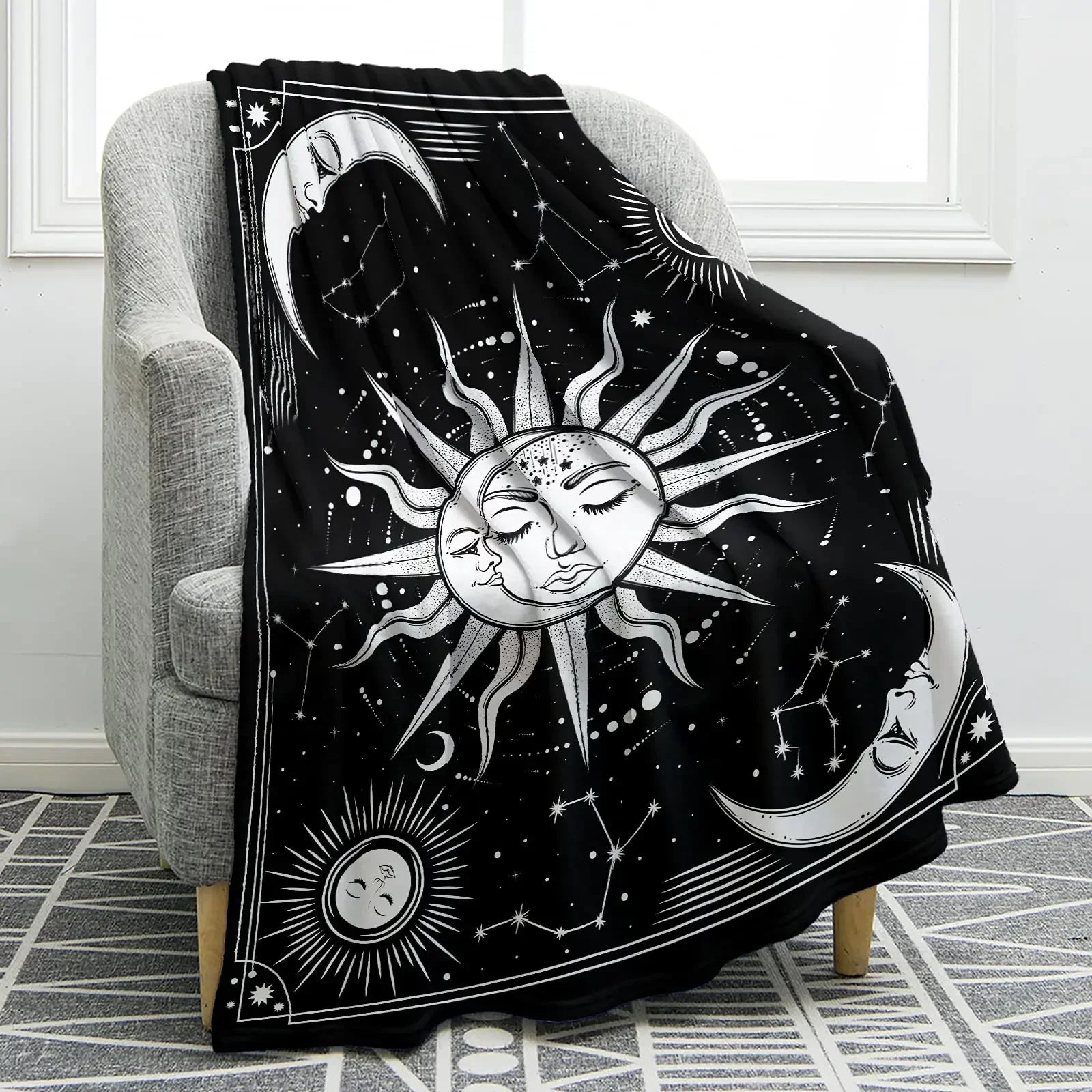 Sun Moon Blanket Star Space Psychedelic Black and White Print Throw Blanket for Couch Bed Sofa
