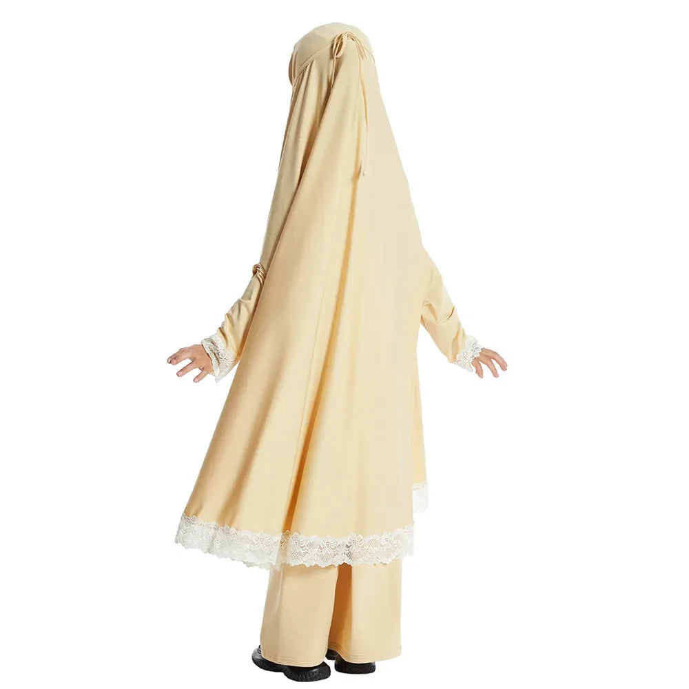 Muslim Kids Girls Hijab Dress Ramadan Khimar Skirt Set Overhead Eid Prayer Garment Burqa Abaya Robe Kaftan Hooded Gown