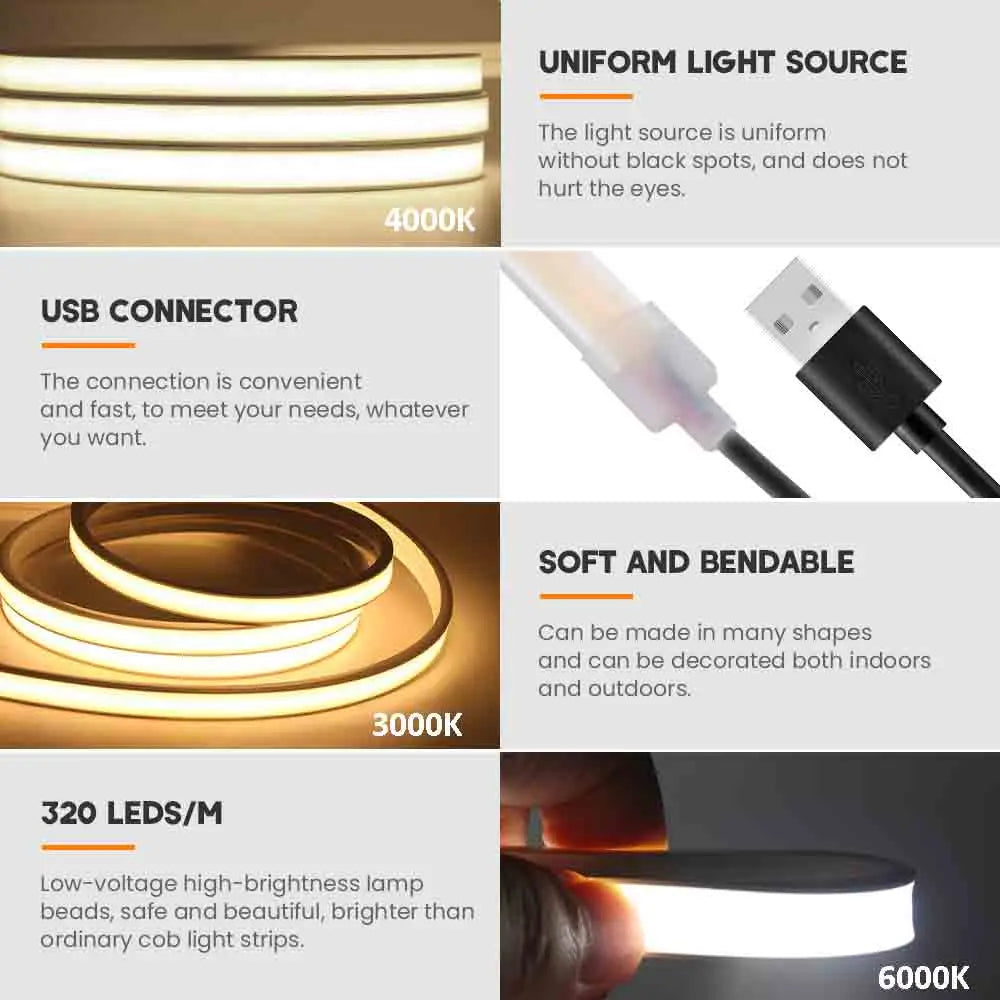 5V USB COB LED Strip Neon Light High Brightness 320 LEDs/M IP67 Waterproof Flexible Ribbon Tape for Garden Bedroom TV BackLight