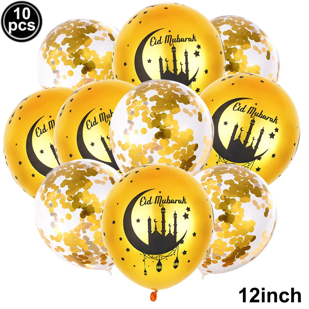12inch Eid Mubarak Party Decorations Happy Eid al-Fitr Latex Balloons Gold Purple Black Moon Castle Print Confetti Balloons