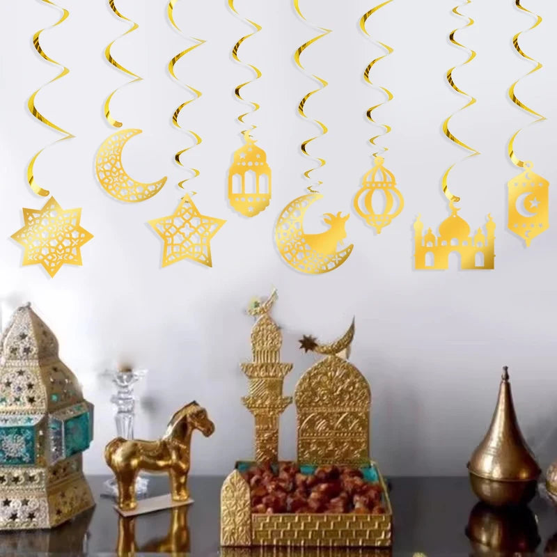 Eid Mubarak Paper Banner Garland 2026 Ramadan Moon Star Mosque Hanging Swirl Home Decoration Ornaments Islamic Muslim Party Gift